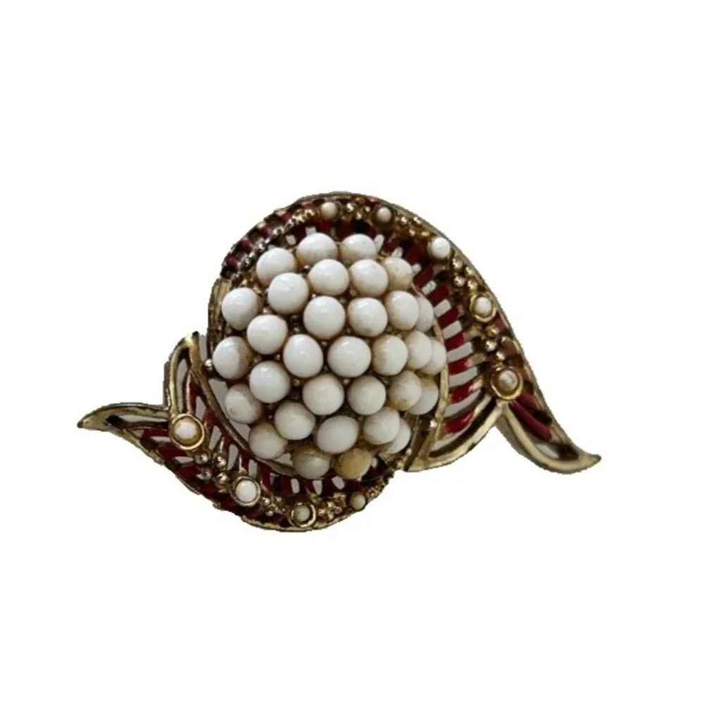 Vntage CORO Signed Spray Brooch Pin Pearl Milk Glass Bead Cluster Red Enamel 50s